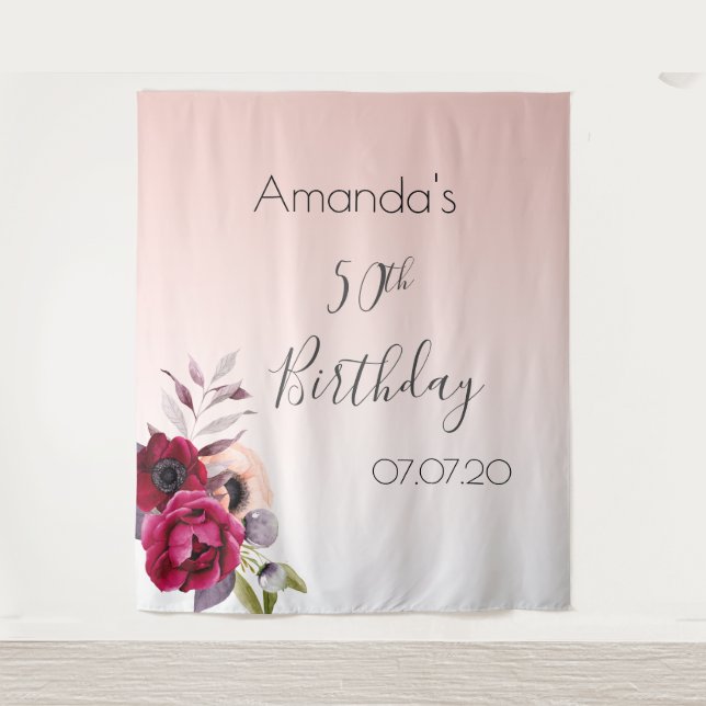 Tapiz Cumpleaños flores rosadas rubor oro rosa nombre (Anverso)