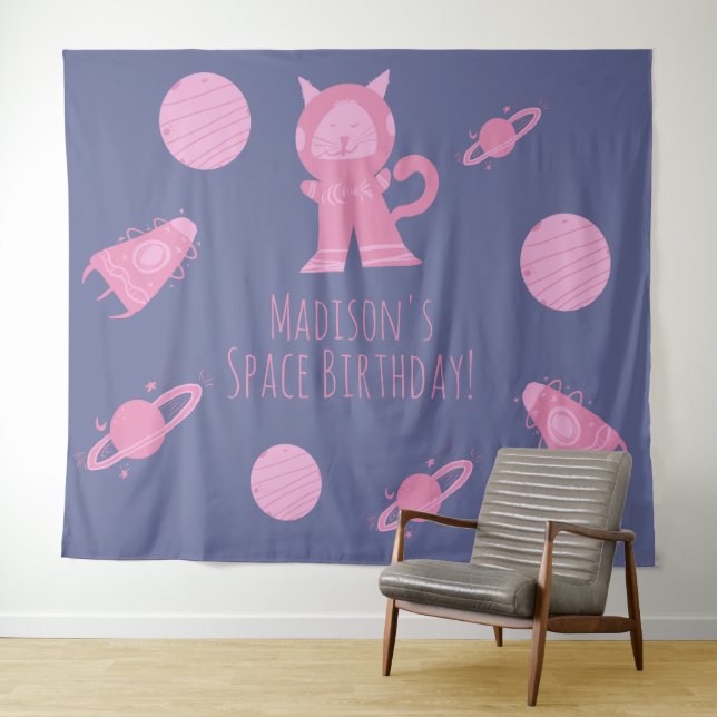 Tapiz Cumpleaños Galaxia Rosa Space Cat (In situ (horizontal))