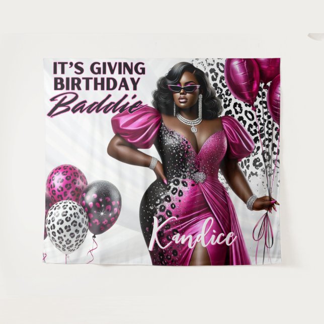 Tapiz Cumpleaños Malvada Mujer Negra Rosa y Leopardo (Anverso (horizontal))