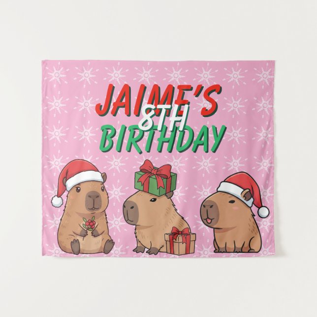 Tapiz Cumpleaños Navideño Rosa Capybara Fiesta de Navida (Anverso (horizontal))