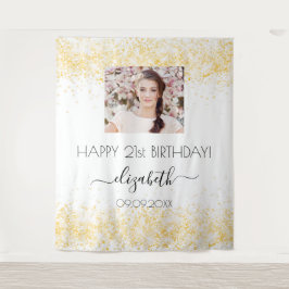Tapiz Cumpleaños nombre foto bienvenida en dorado blanco