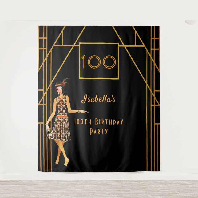 Tapiz cumpleaños número 100 negro oro art déco de los añ (Anverso)