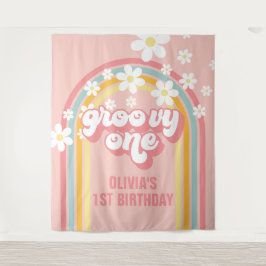 Tapiz Cumpleaños número 1 Rainbow Retro Groovy One