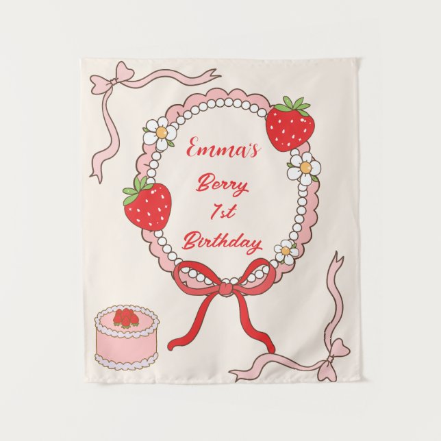 Tapiz Cumpleaños número uno personalizado de fresa para  (Anverso)