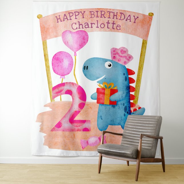 Tapiz Cumpleaños personalizado de dinosaurio lindo para  (In situ)