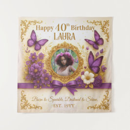 Tapiz Cumpleaños Personalizado de Mariposa Morada Real D