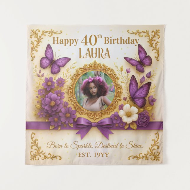 Tapiz Cumpleaños Personalizado de Mariposa Morada Real D (Anverso)