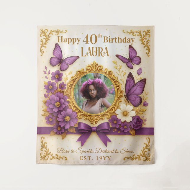 Tapiz Cumpleaños Personalizado de Mariposa Morada Real D (Anverso)