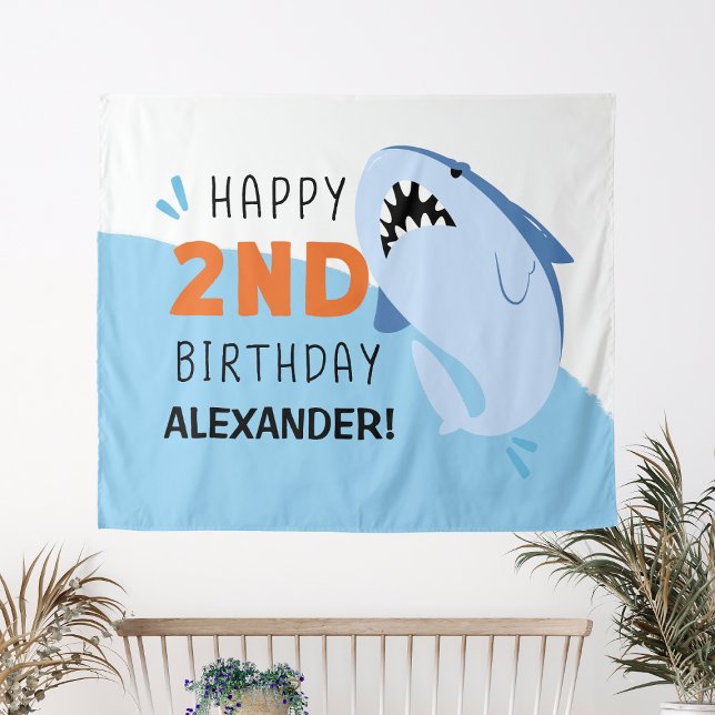 Tapiz Cumpleaños personalizado de tiburón para niños 2do (Kids 2nd Shark Birthday Party Custom Backdrop Boy
)