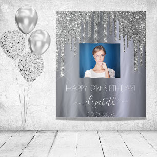 Tapiz Cumpleaños personalizado foto brillo plateado glam