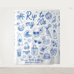 Tapiz cumpleaños personalizado playa azul 20s dibujado a