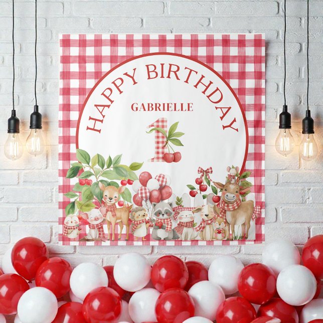 Tapiz Cumpleaños primero de rojo gingham de cereza del b (Subido por el creador)