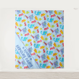 Tapiz Cumpleaños tema dinosaurios azules en polvo person