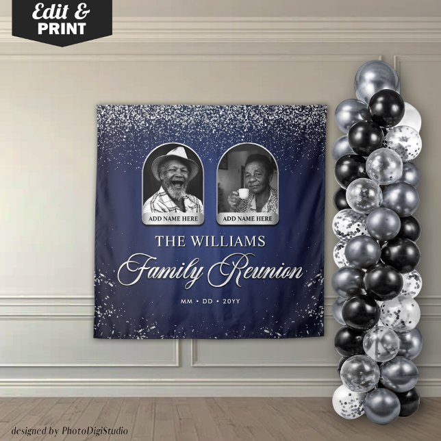 Tapiz Custom Family Reunion Banner, 2 Photo Blue Silver  (Custom Family Reunion Banner, 2 Photo Blue Silver Tapestry)