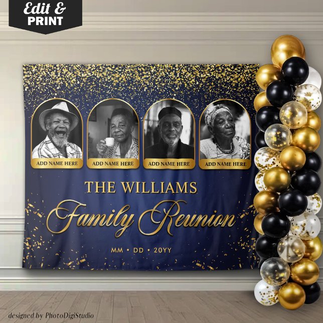 Tapiz Custom Family Reunion Banner, 7 Photo Blue Gold (Custom Family Reunion Banner, 4 Photo Navy Blue Gold Tapestry)