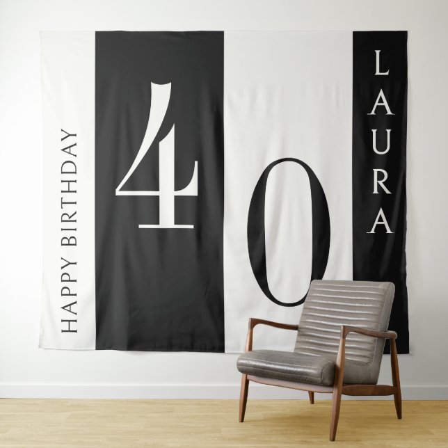 Tapiz Custom Name & Age Banner, Black and White Birthday (In situ (horizontal))