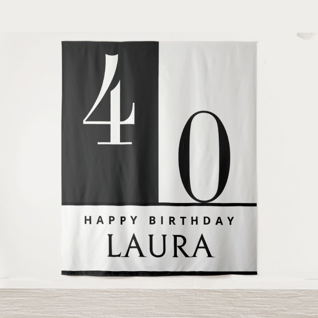 Tapiz Custom Name & Age Banner, Black and White Birthday (Anverso)