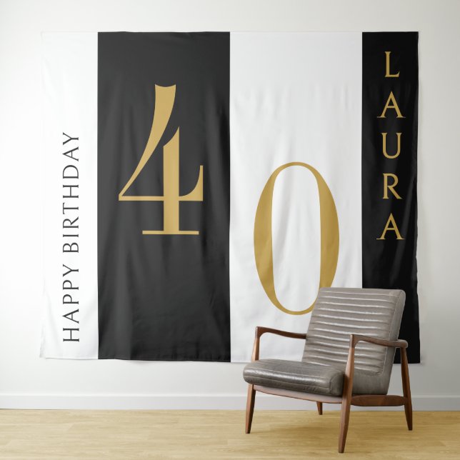 Tapiz Custom Name & Age Banner Black Gold White Birthday (In situ (horizontal))