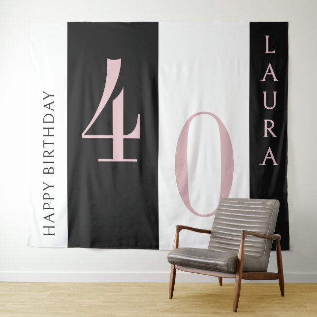 Tapiz Custom Name & Age Banner Black Pink White Birthday (In situ (horizontal))