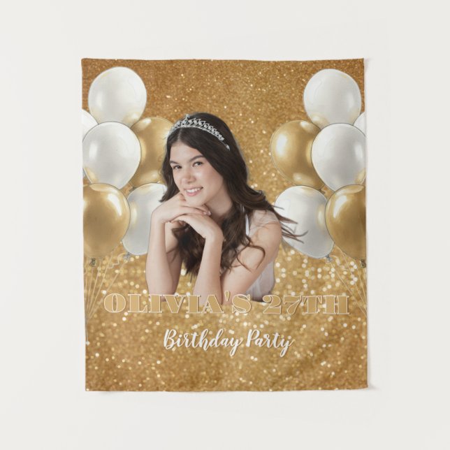 Tapiz Custom Photo Birthday Backdrop,  gold & white (Anverso)