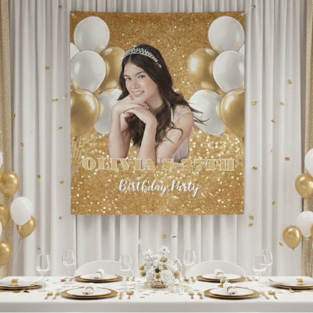 Tapiz Custom Photo Birthday Backdrop,  gold & white (Subido por el creador)