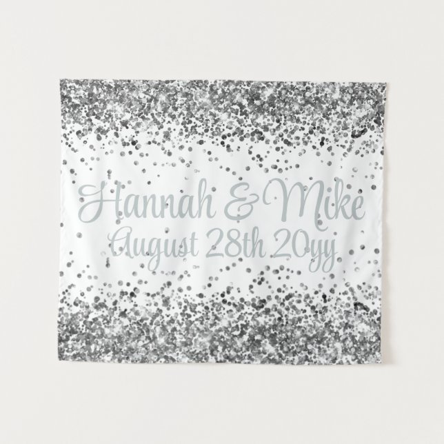 Tapiz Custom White & Silver Glitter Wedding Photo Booth (Anverso (horizontal))