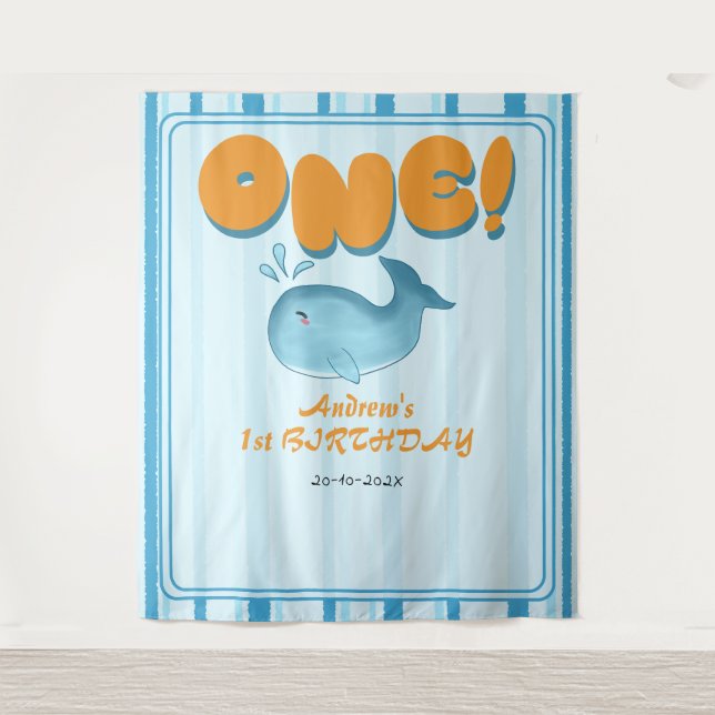 Tapiz Cute Baby Blue Whale 1st Birthday Backdrop (Anverso)