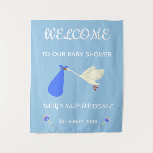 Tapiz Cute Blue Y White Text Stork And Rattles (Anverso)