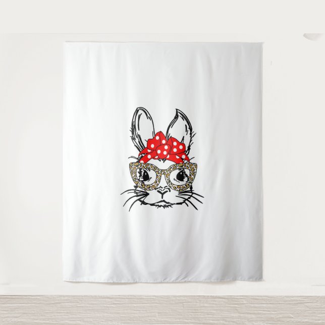 Tapiz Cute Bunny Face Leopardo Print Red Bandana Rabbit  (Anverso)
