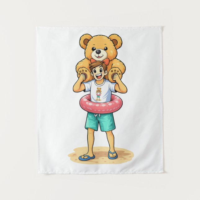 Tapiz Cute Cartoon Man with Giant Teddy Bear Summer Fun (Anverso)