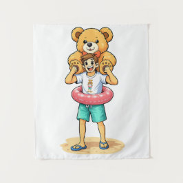 Tapiz Cute Cartoon Man with Giant Teddy Bear Summer Fun