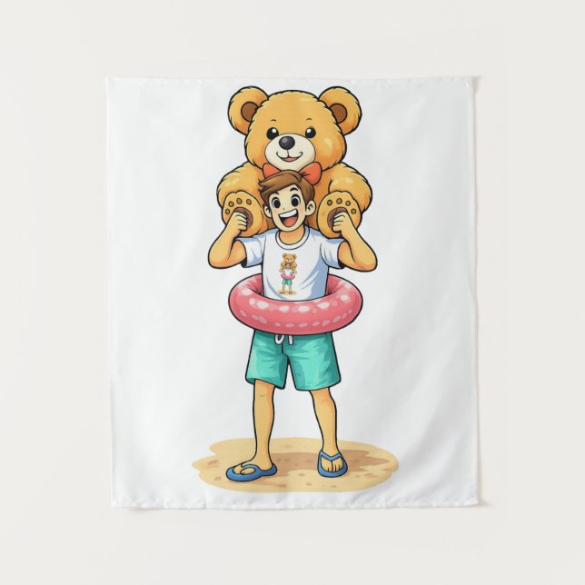 Tapiz Cute Cartoon Man with Giant Teddy Bear Summer Fun (Anverso)