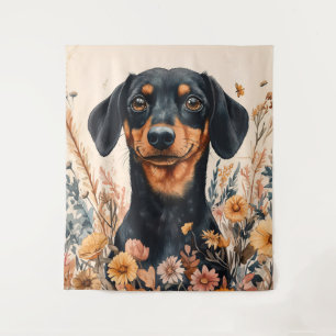 Tapiz Cute Dachshund con pintura de flores silvestres