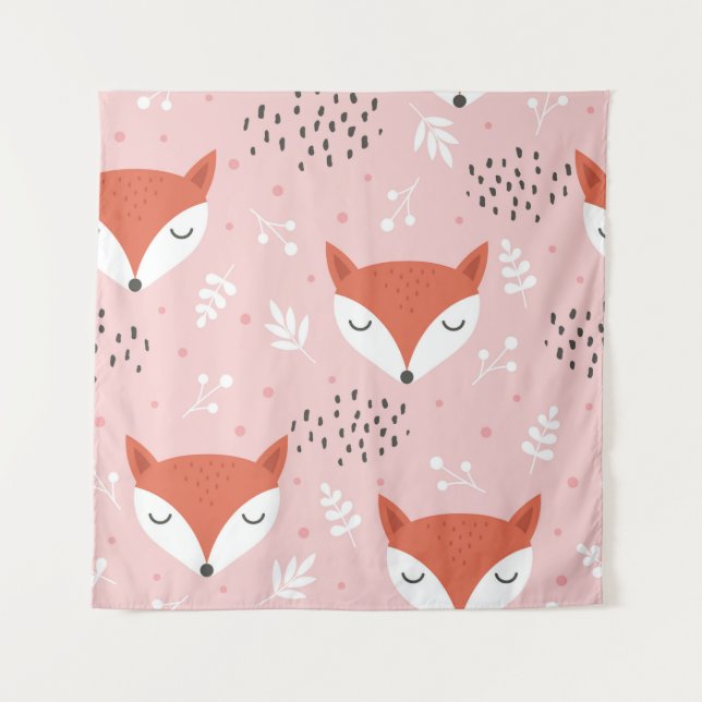 Tapiz Cute fox seamless pattern, wolf hand drawn forest  (Anverso)