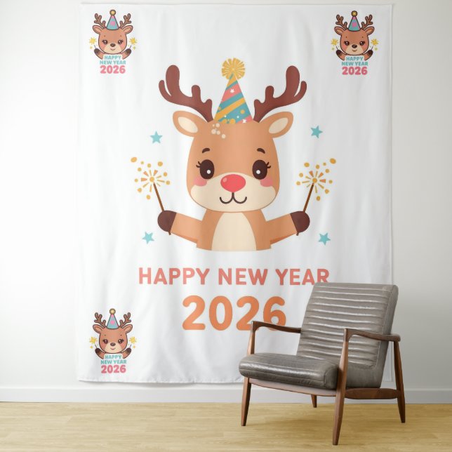 Tapiz cute funny reindeer happy new year party backdrop (In situ)