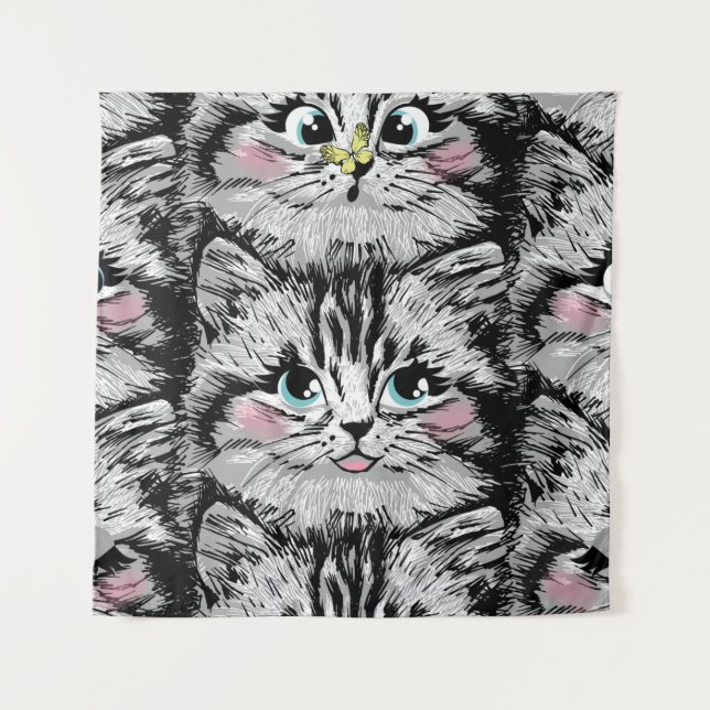 Tapiz Cute furry kitten face seamless pattern. Illustrat (Anverso)