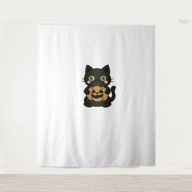 Tapiz Cute gato negro sujetando calabaza de Jack O Lante (Anverso)