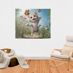 Tapiz Cute Kitten Butterflies Hello World