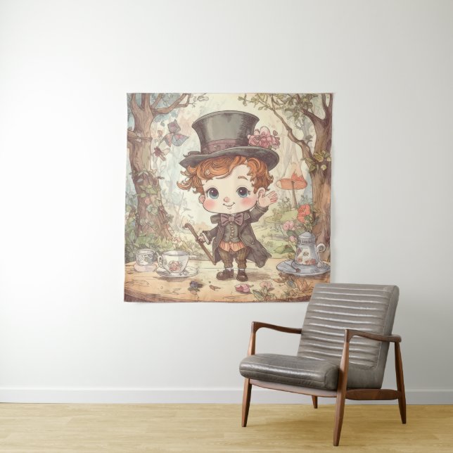 Tapiz Cute Mad Hatter Whimsical Wonderland Woodland Art (In situ)