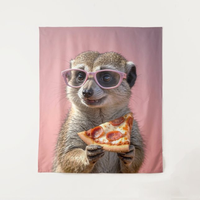 Tapiz Cute Meerkat con gafas y pizza (Anverso)