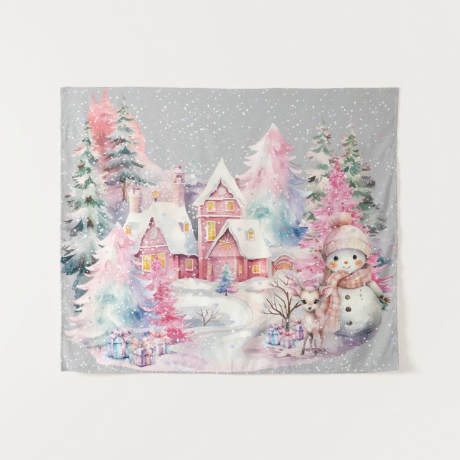 Tapiz Cute rosa Snowman Winter Wonderland (Anverso (horizontal))