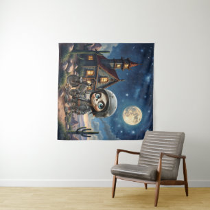 Tapiz Cute Skull Biker Paseo bajo la luz de la luna po