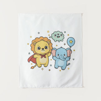 Tapiz Cute Superhero Lion and Elephant Friends Cartoon