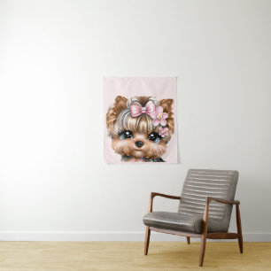 Tapiz Cute Yorkie con un compadre rosado