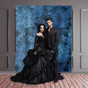 Tapiz Damasco gótico Moody Negro y azul Vintage Damask