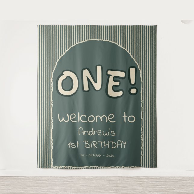 Tapiz Dark Green Stripes 1st Birthday Backdrop (Anverso)