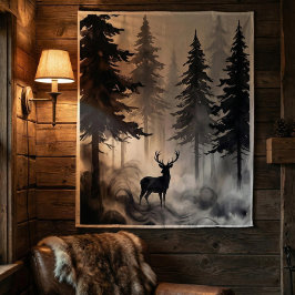 Tapiz Dark Ink Deer Forest Tapestry | Moody Woodland Art