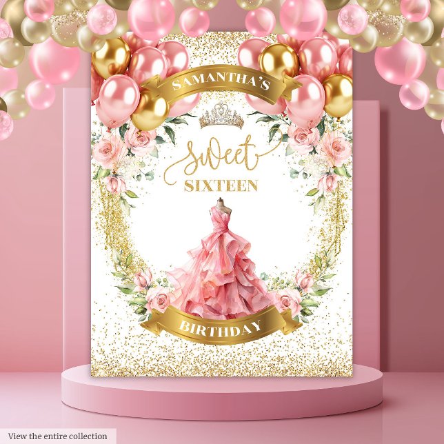 Tapiz Dazzling Sweet 16 Backdrop Gold Balloons Rosa (Dazzling Sweet Sixteen Backdrop Gold Balloons Roses)