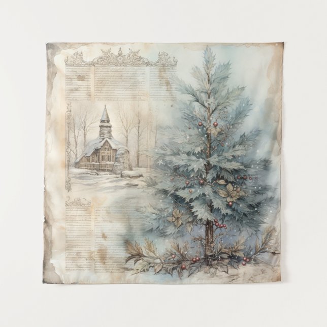 Tapiz de árbol de navidad azul vintage (Anverso)