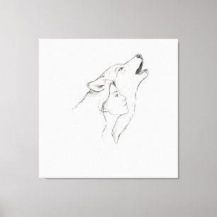 Tapiz de Arte de Línea Minimalista de Lobo y Mujer